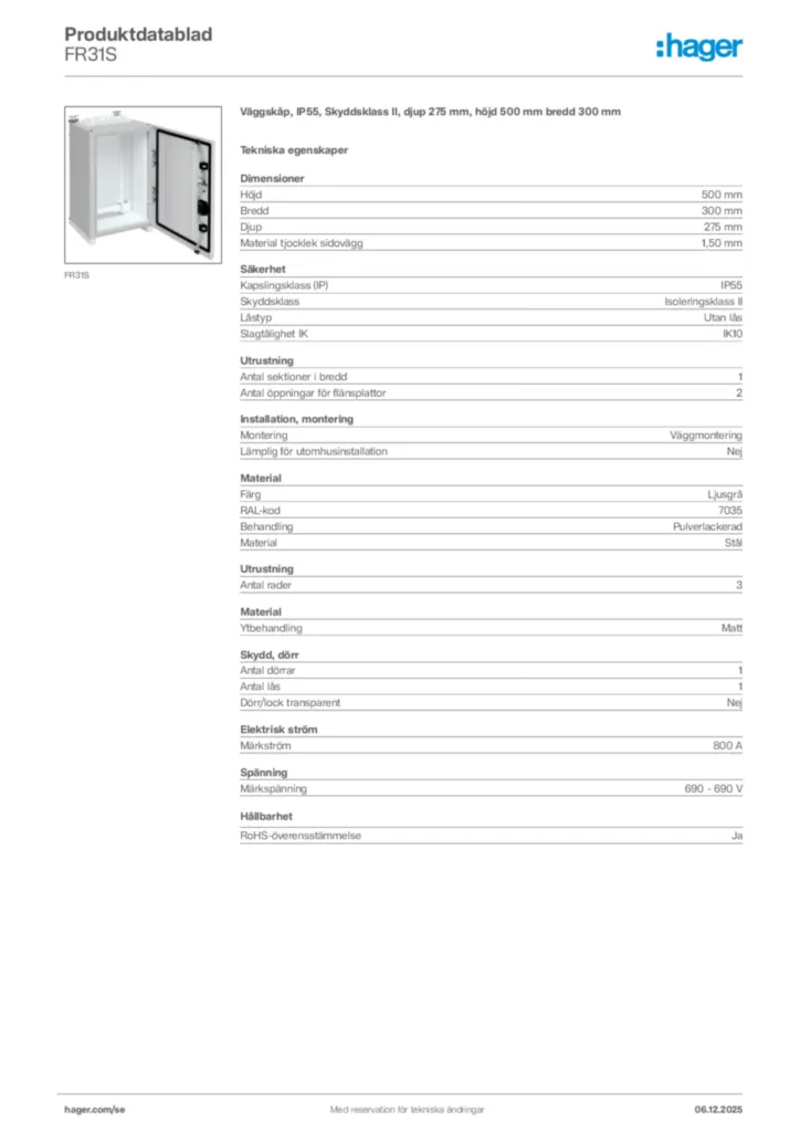 Bild Hager Produktdatablad FR31S | Hager Sverige