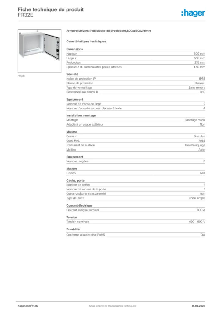 Image Hager Fiche technique du produit FR32E | Hager Suisse