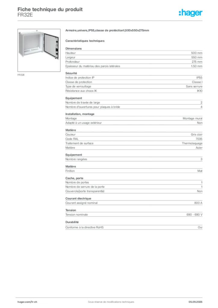 Image Hager Fiche technique du produit FR32E | Hager Suisse
