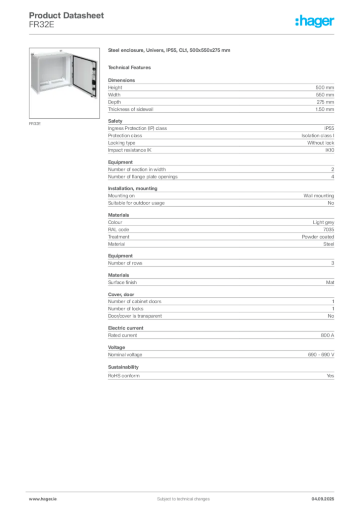 Image Hager Product data sheet FR32E  | Hager
