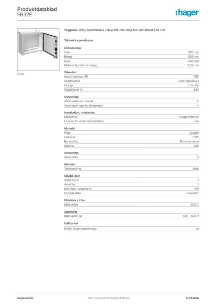 Bild Hager Produktdatablad FR32E | Hager Sverige