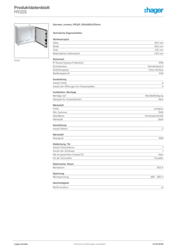 Bild Hager Produktdatenblatt FR32S | Hager Deutschland