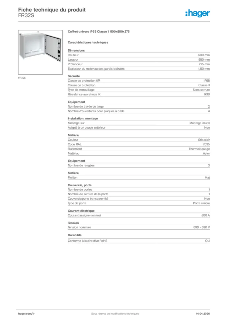 Image Hager Fiche technique du produit FR32S | Hager France