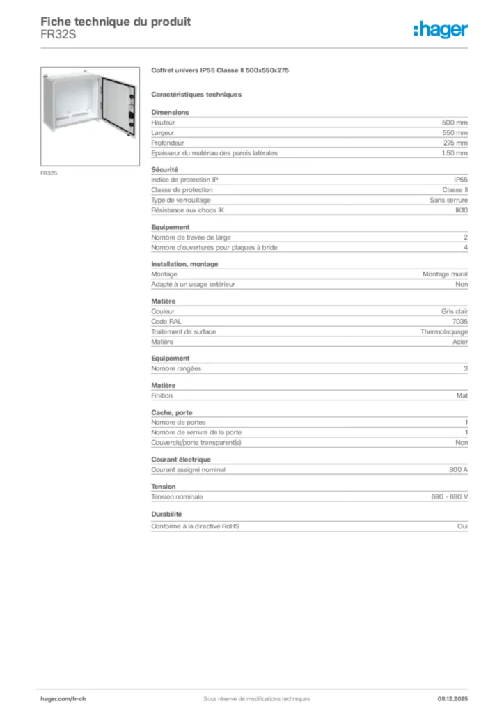 Image Hager Fiche technique du produit FR32S | Hager Suisse