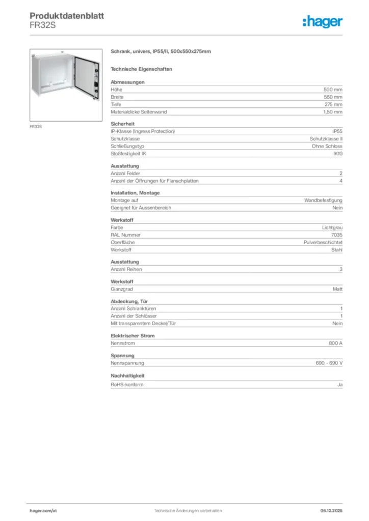 Bild Hager Produktdatenblatt FR32S | Hager Deutschland
