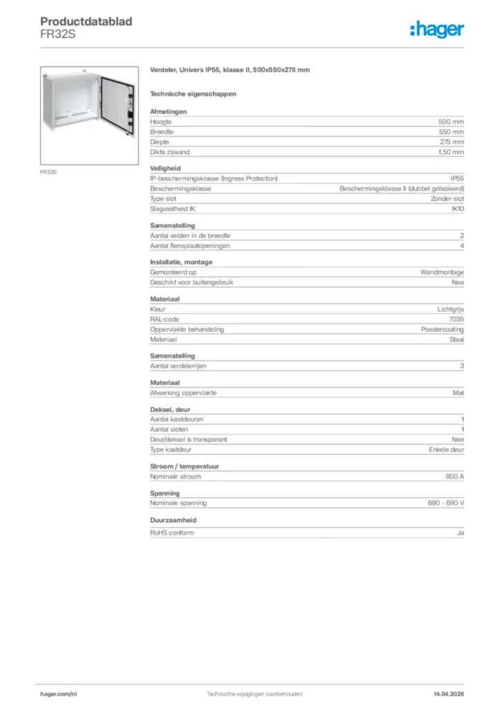 Afbeelding Hager Productdatablad FR32S | Hager Nederland