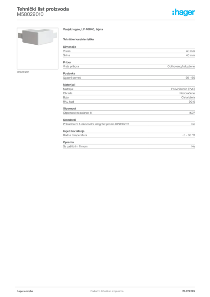 Slika Hager Product data sheet M58029010  | Hager