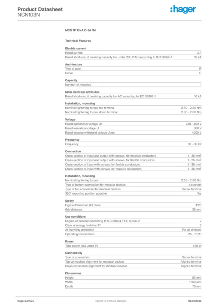 Image Hager Product data sheet NCN103N  | Hager