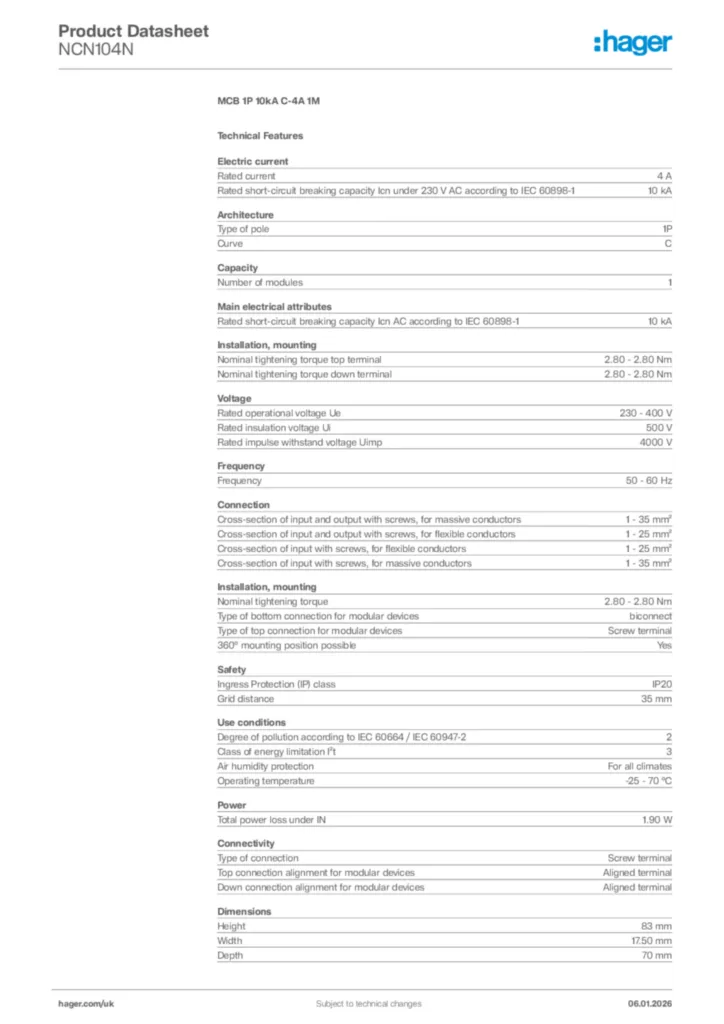 Image Hager Product data sheet NCN104N  | Hager