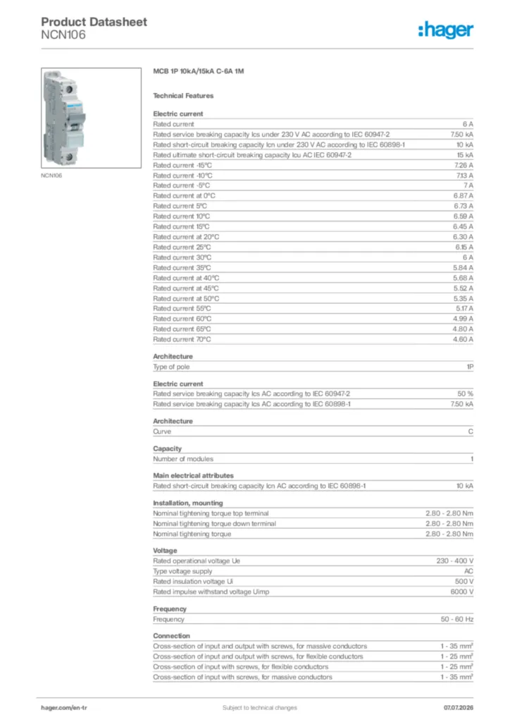 Image Hager Product data sheet NCN106  | Hager