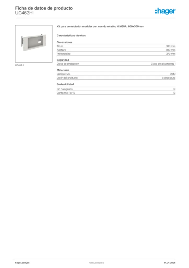 Imagen Hager Ficha de datos de producto UC463HI | Hager España