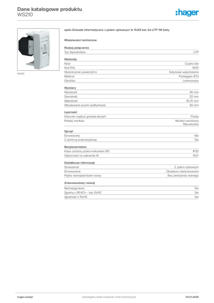Zdjęcie Hager Karta katalogowa WS210 | Hager Polska