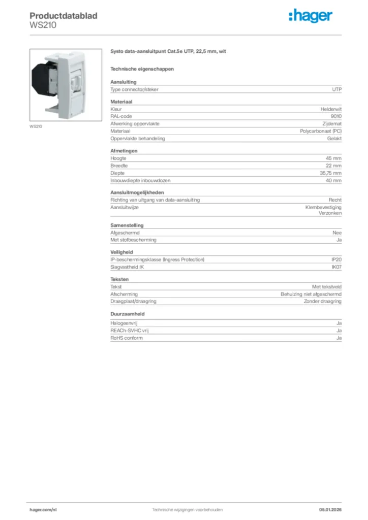 Afbeelding Hager Productdatablad WS210 | Hager Nederland
