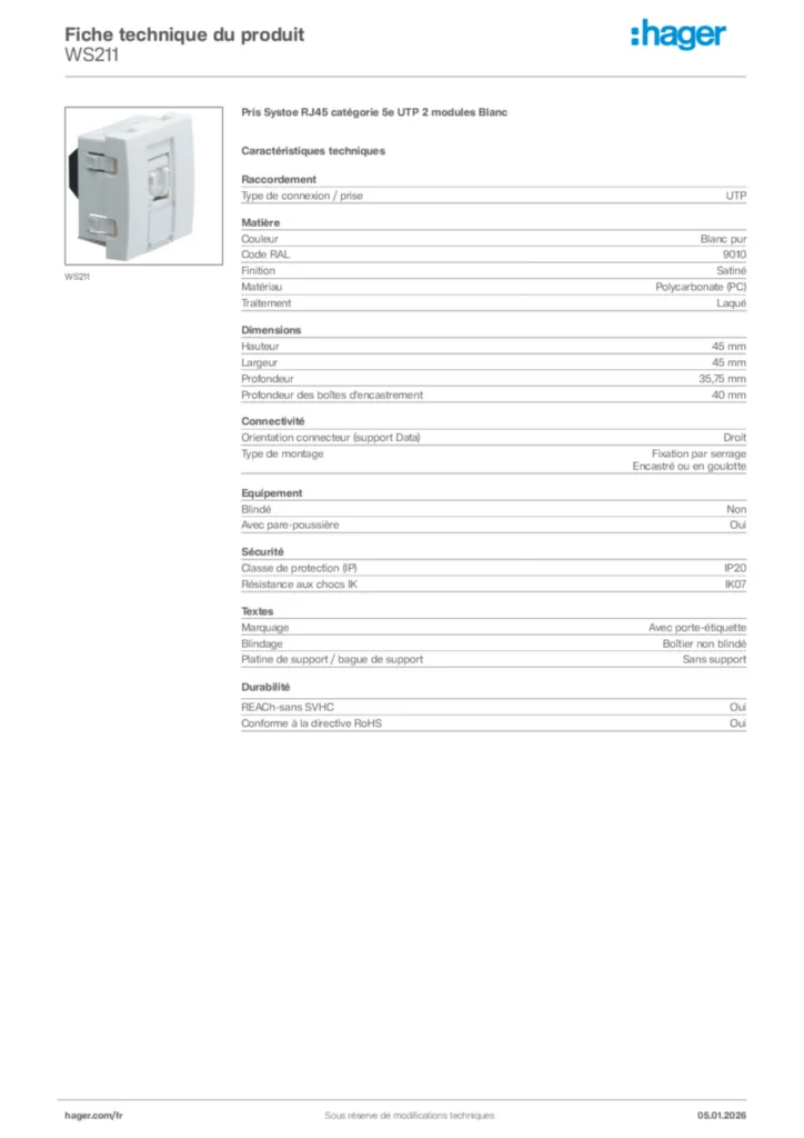 Image Hager Fiche technique du produit WS211 | Hager France