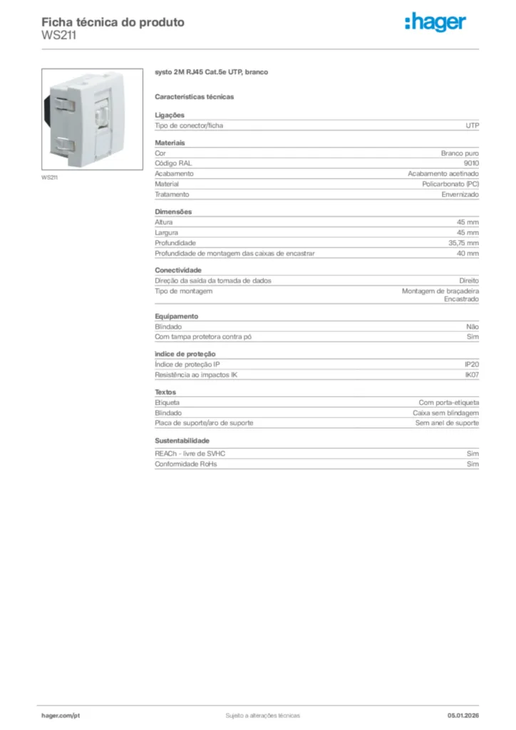 Imagem Hager Ficha técnica do produto WS211 | Hager Portugal