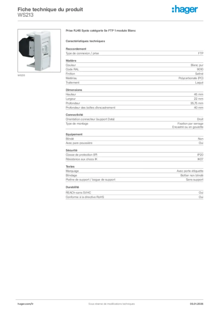 Image Hager Fiche technique du produit WS213 | Hager France