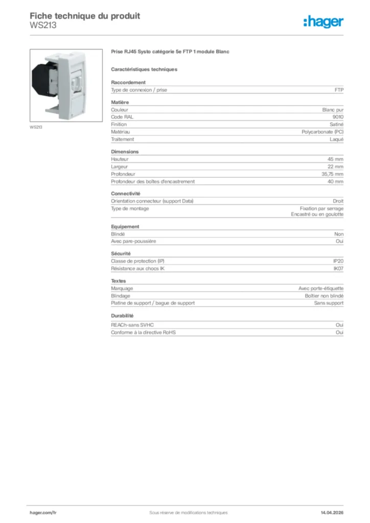 Image Hager Fiche technique du produit WS213 | Hager France