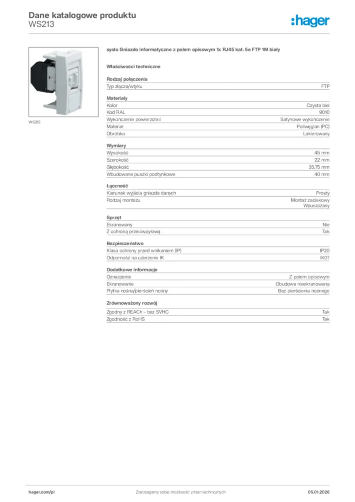 Zdjęcie Hager Karta katalogowa WS213 | Hager Polska