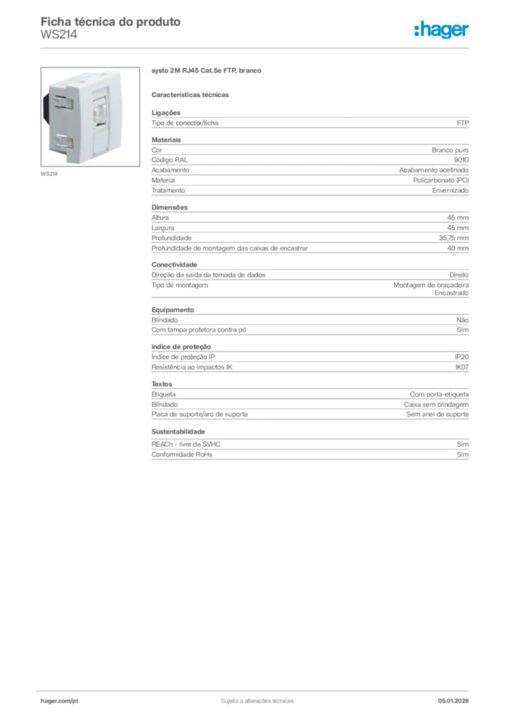 Imagem Hager Ficha técnica do produto WS214 | Hager Portugal