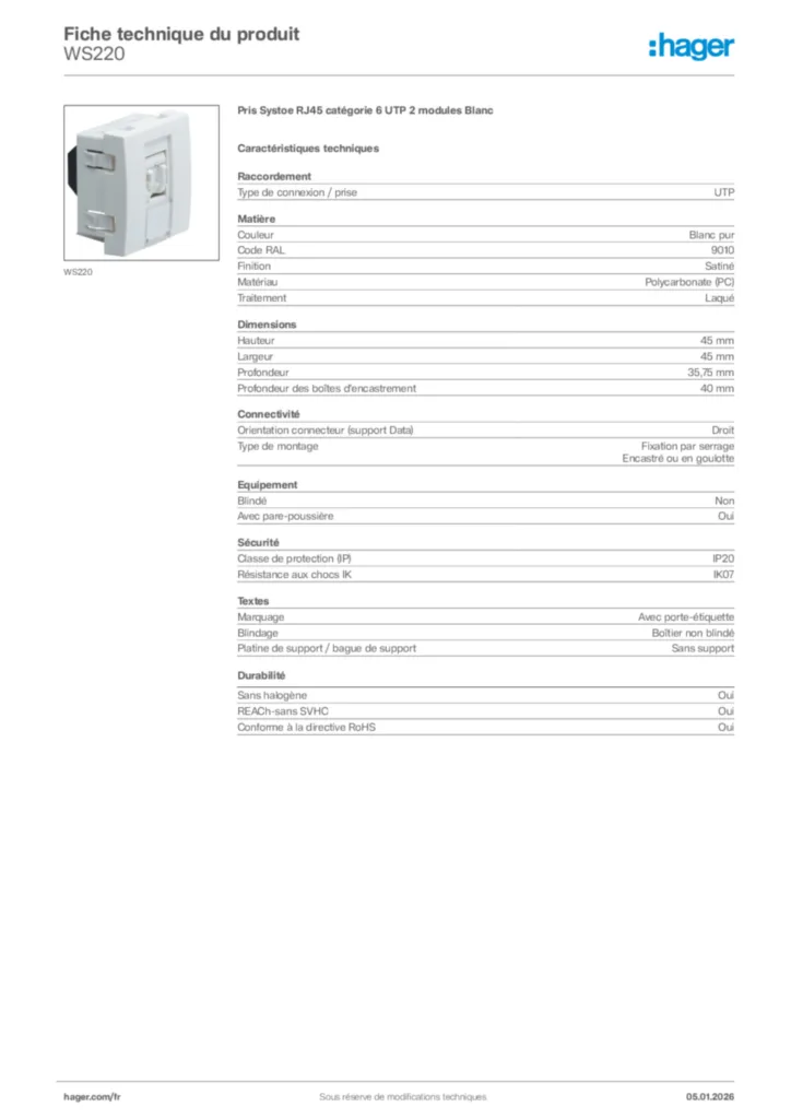 Image Hager Fiche technique du produit WS220 | Hager France