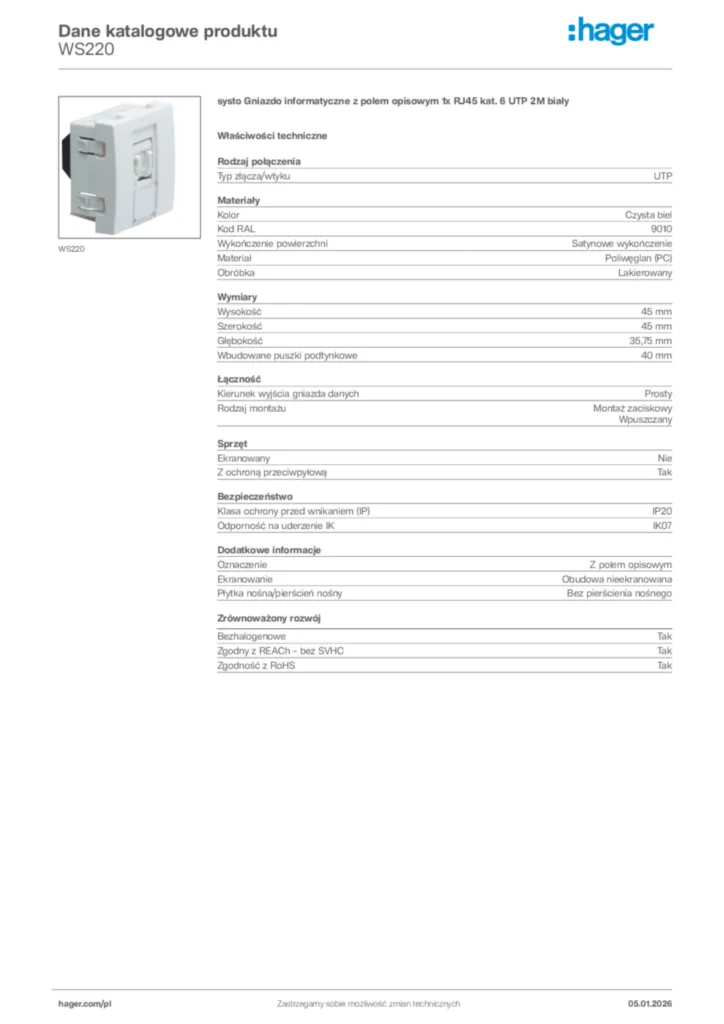 Zdjęcie Hager Karta katalogowa WS220 | Hager Polska