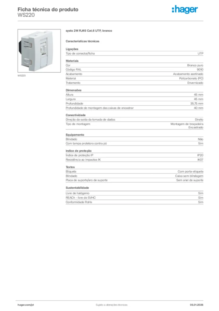Imagem Hager Ficha técnica do produto WS220 | Hager Portugal
