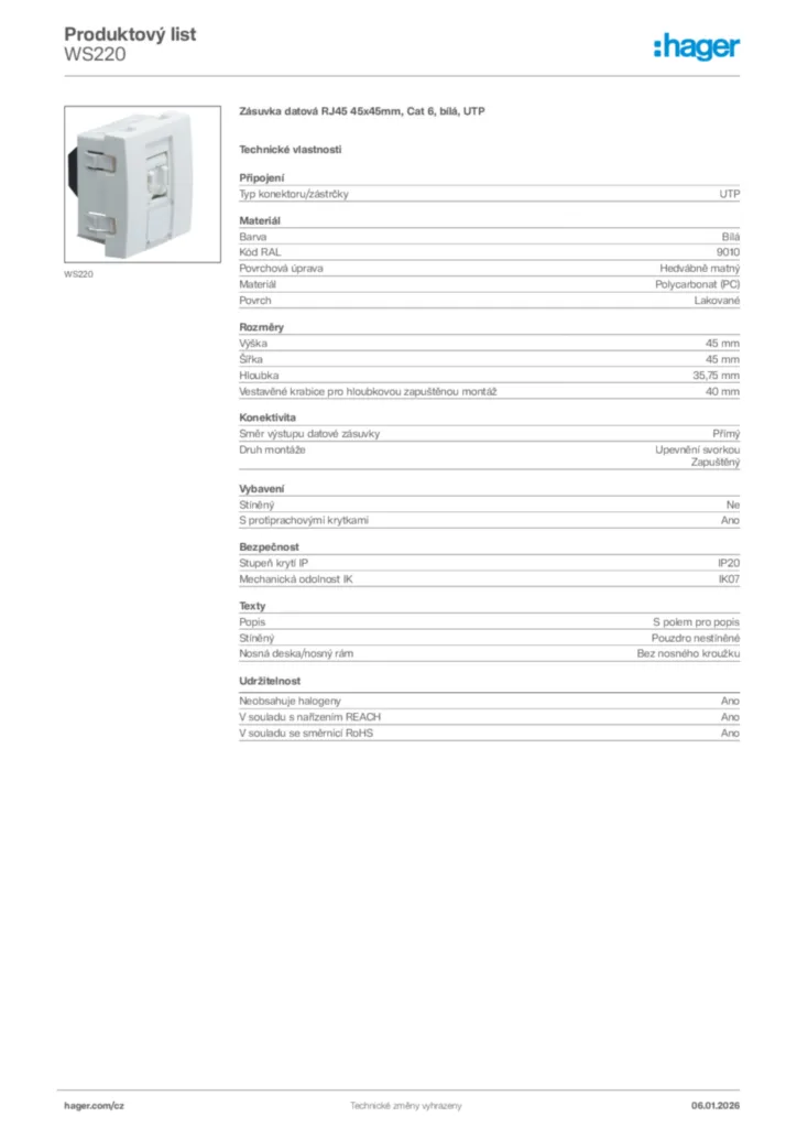Obrázek Hager Product data sheet WS220 | Hager