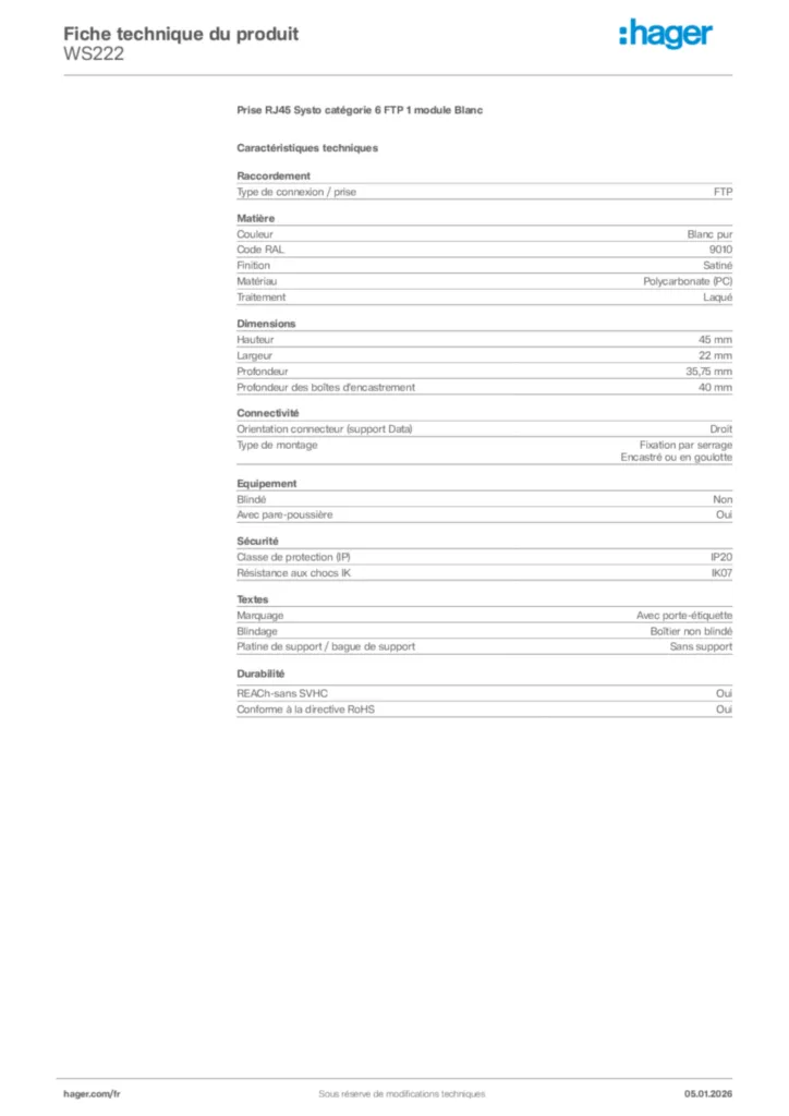 Image Hager Fiche technique du produit WS222 | Hager France