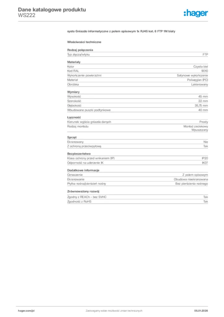 Zdjęcie Hager Karta katalogowa WS222 | Hager Polska