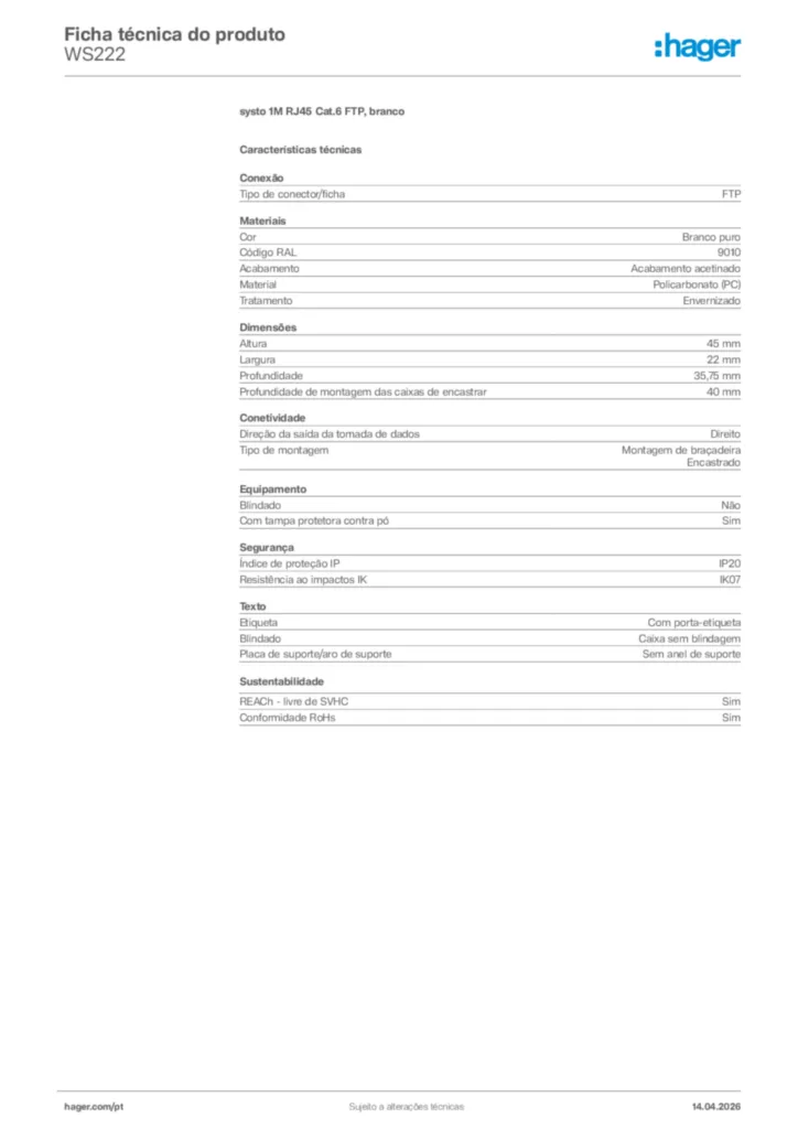 Imagem Hager Ficha técnica do produto WS222 | Hager Portugal