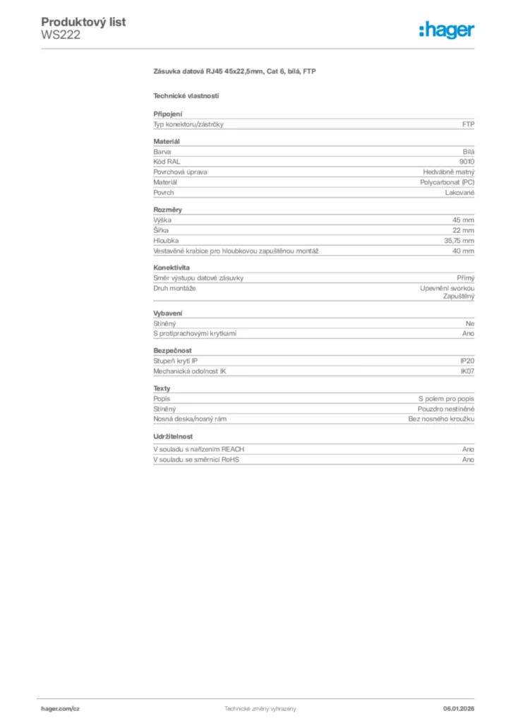 Obrázek Hager Product data sheet WS222 | Hager