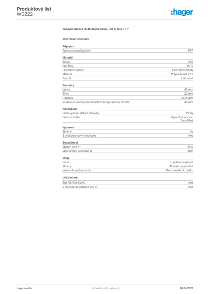 Obrázek Hager Product data sheet WS222 | Hager