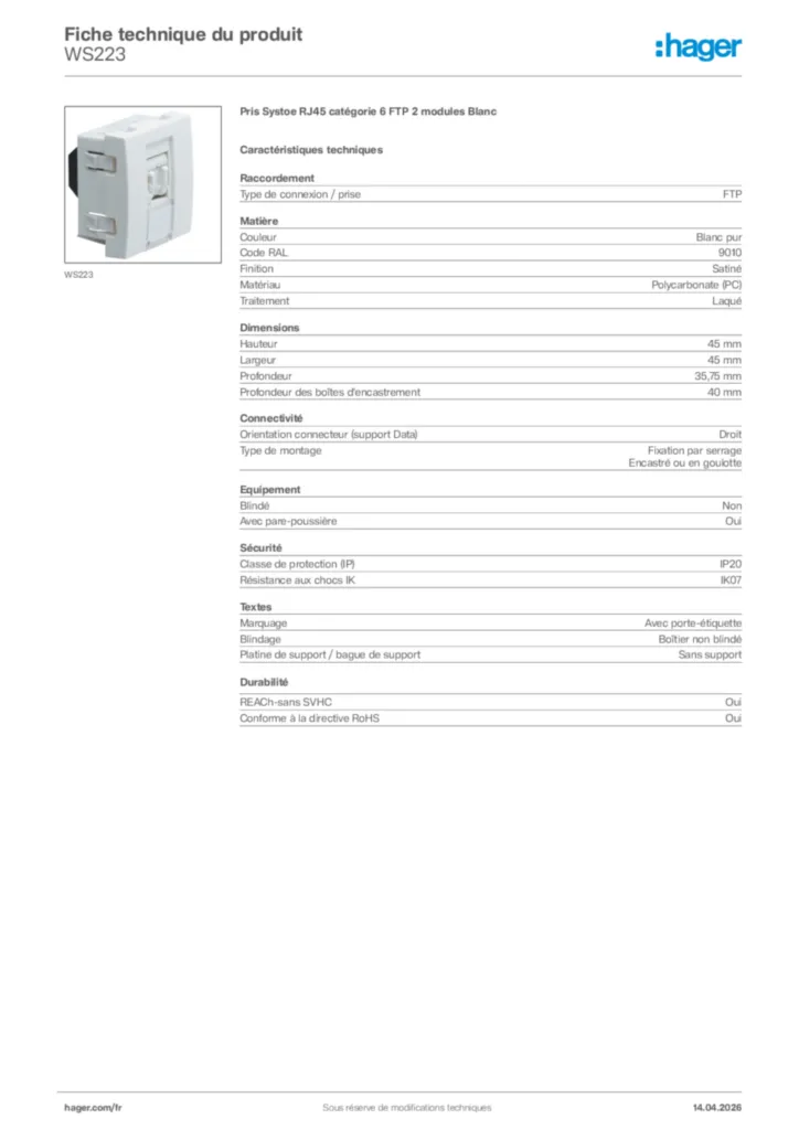 Image Hager Fiche technique du produit WS223 | Hager France