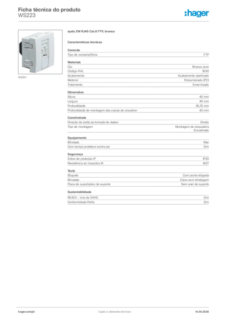 Imagem Hager Ficha técnica do produto WS223 | Hager Portugal