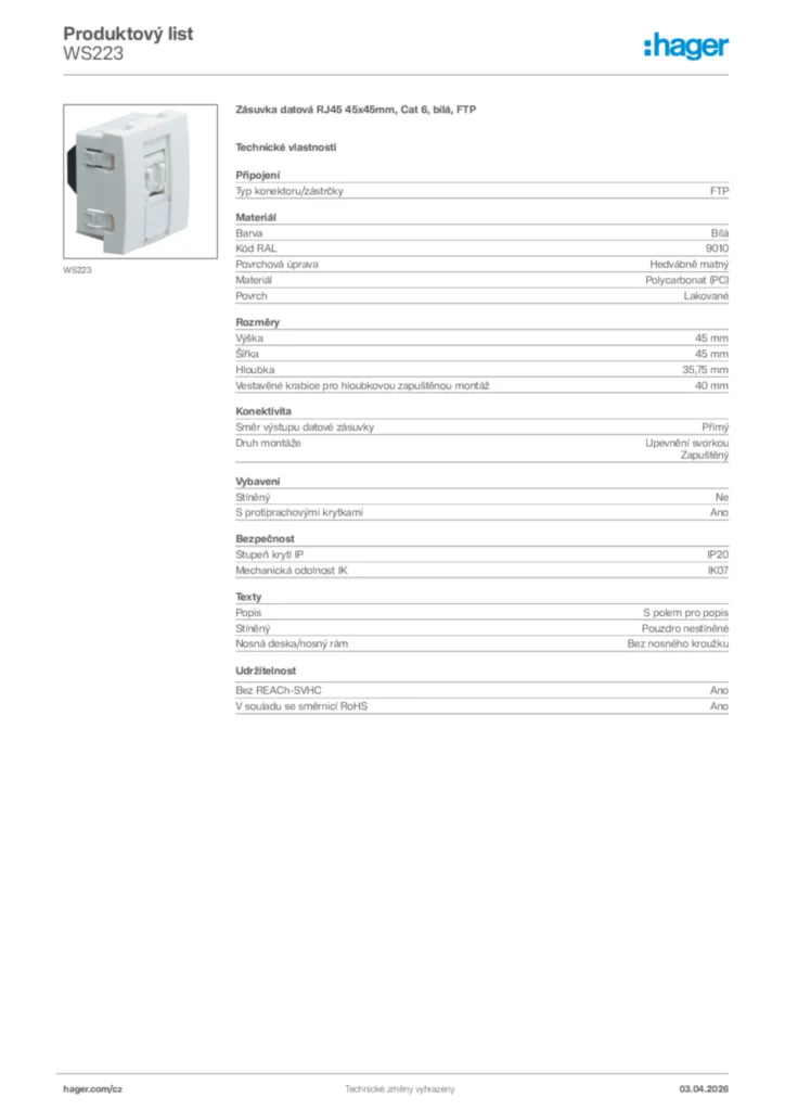 Obrázek Hager Product data sheet WS223 | Hager