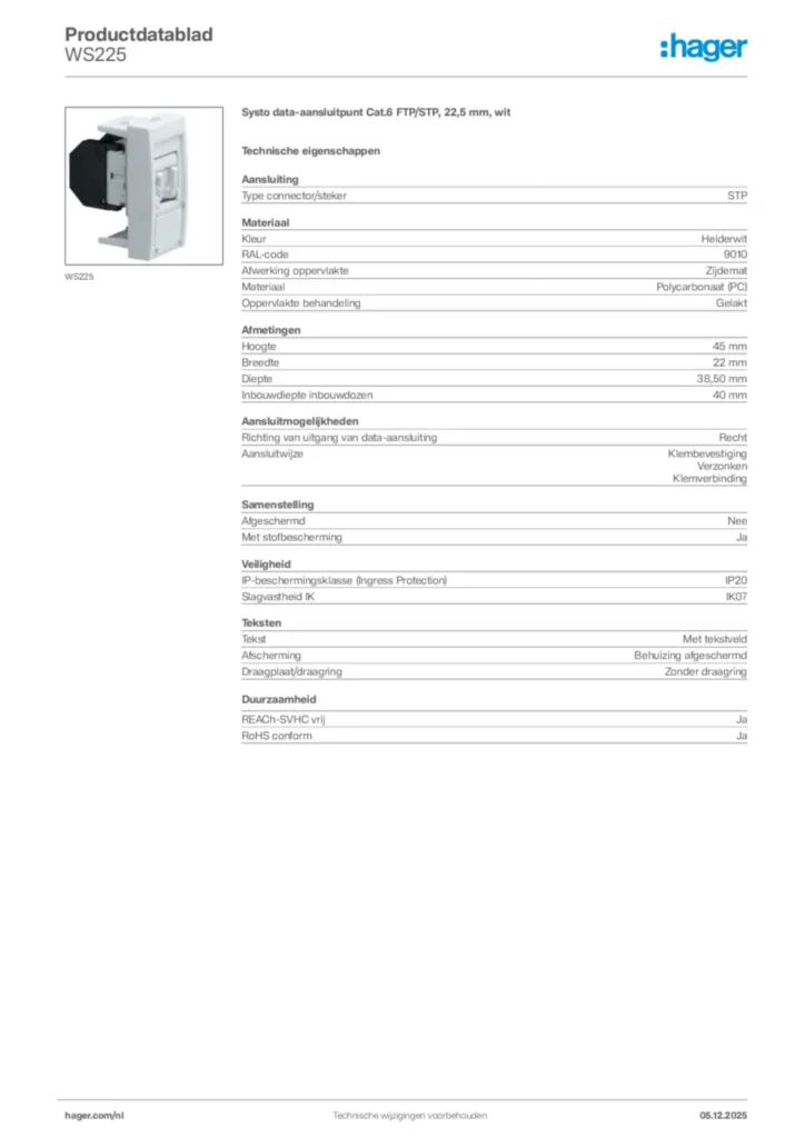 Afbeelding Hager Productdatablad WS225 | Hager Nederland