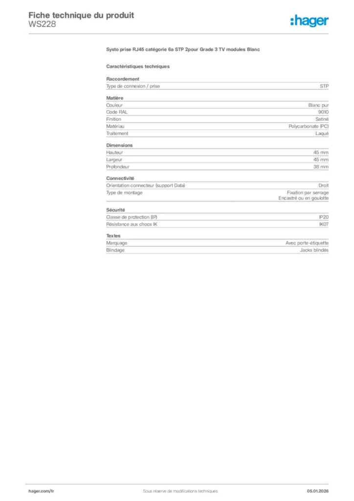 Image Hager Fiche technique du produit WS228 | Hager France