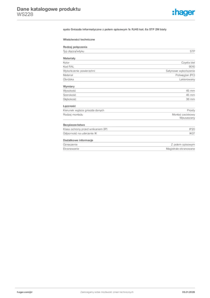 Zdjęcie Hager Karta katalogowa WS228 | Hager Polska