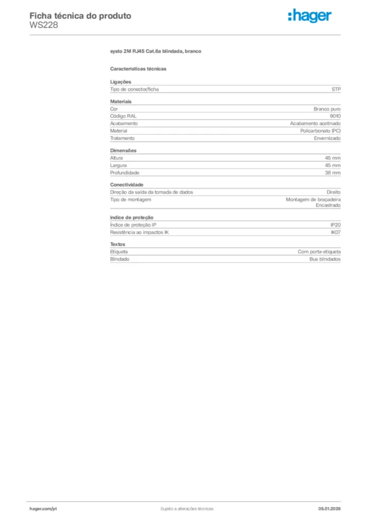 Imagem Hager Ficha técnica do produto WS228 | Hager Portugal