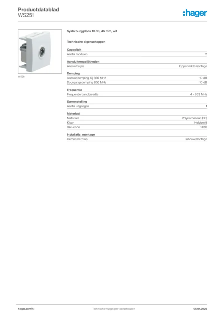 Afbeelding Hager Productdatablad WS251 | Hager Nederland