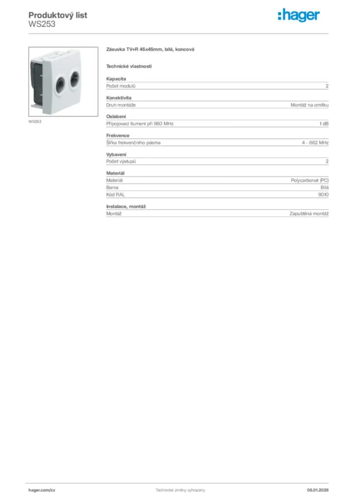 Obrázek Hager Product data sheet WS253 | Hager