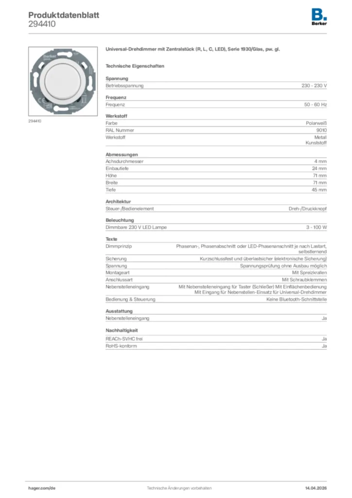Bild Berker Produktdatenblatt 294410 | Hager Deutschland