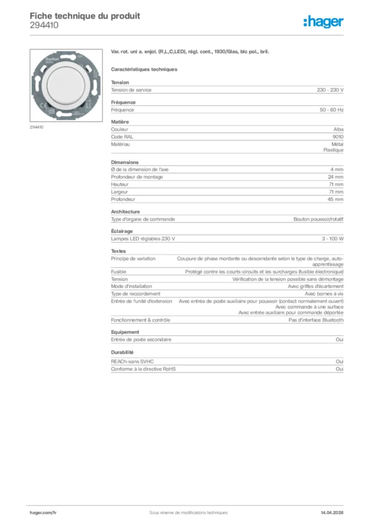 Image Hager Fiche technique du produit 294410 | Hager France