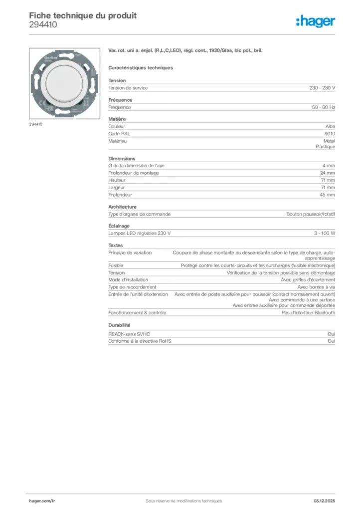 Image Hager Fiche technique du produit 294410 | Hager France