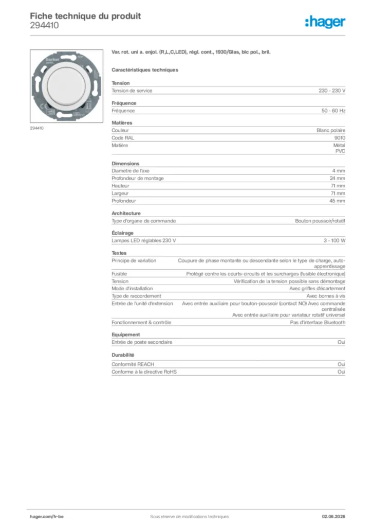 Image Hager Fiche technique du produit 294410 | Hager Belgique