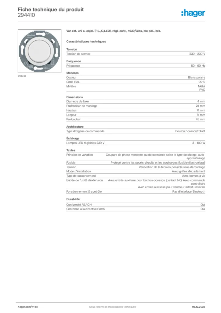 Image Hager Fiche technique du produit 294410 | Hager Belgique