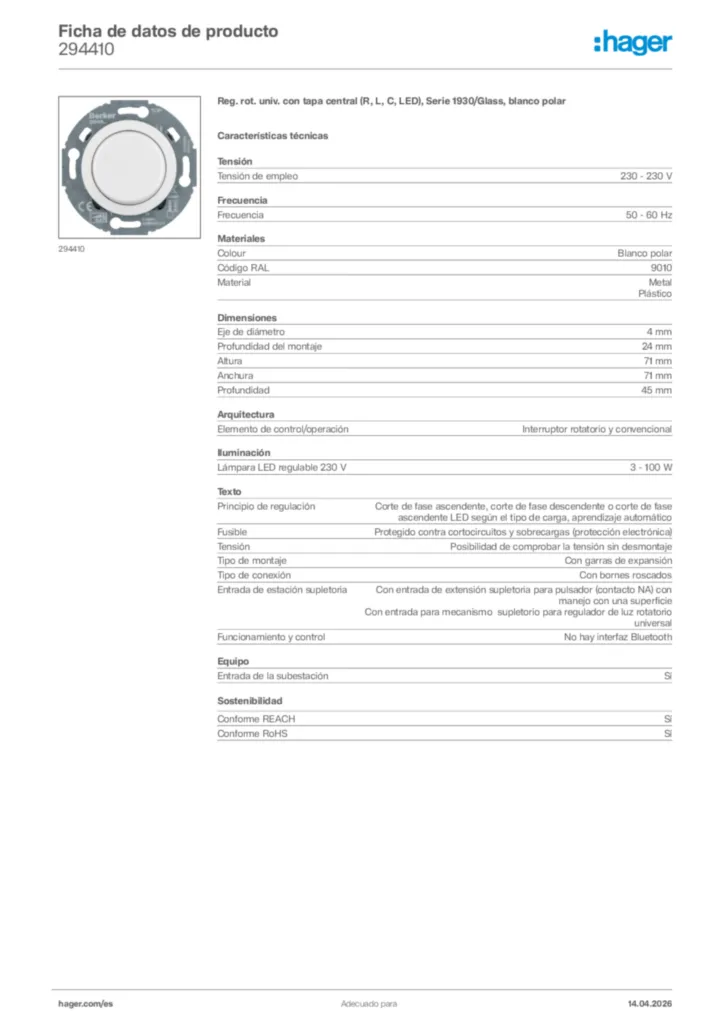 Imagen Hager Ficha de datos de producto 294410 | Hager España