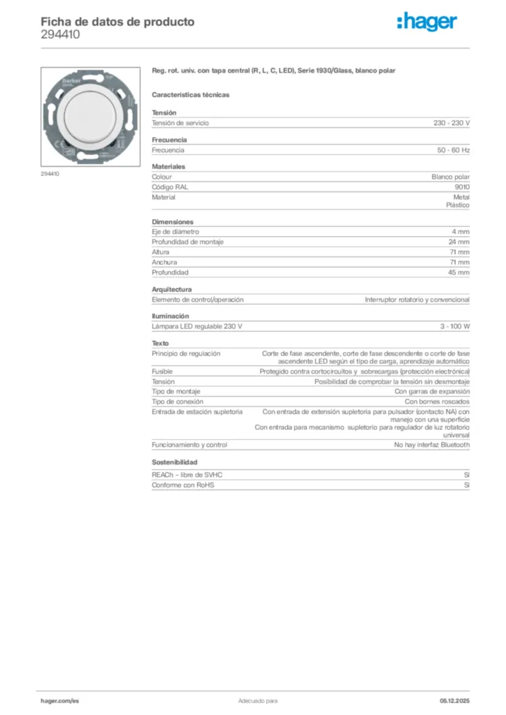 Imagen Hager Ficha de datos de producto 294410 | Hager España