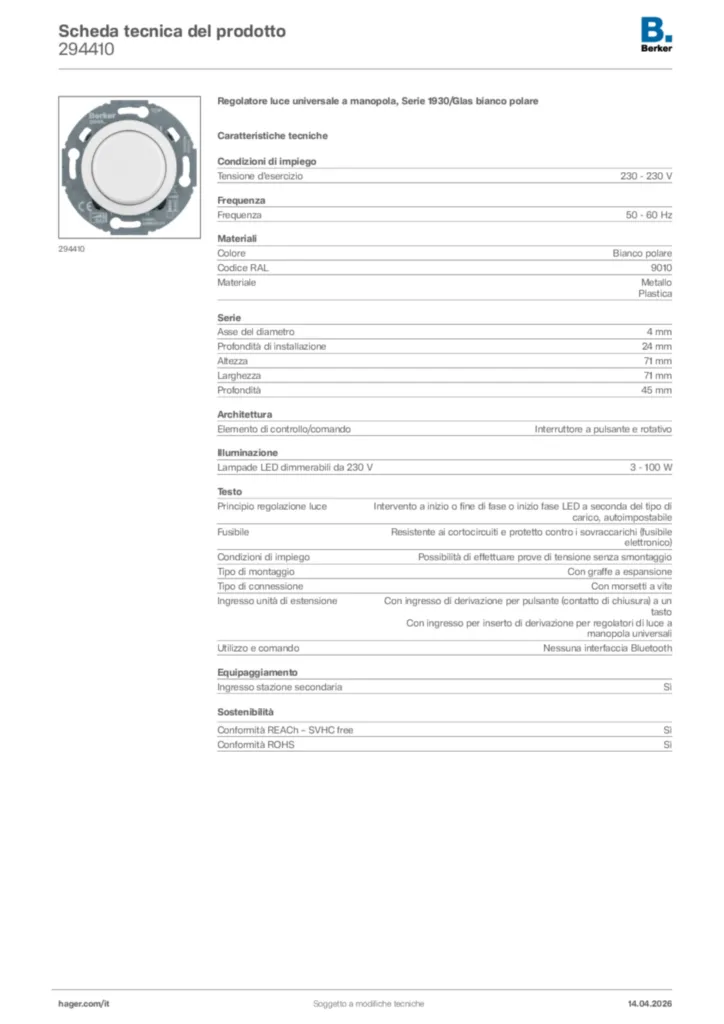 Immagine Berker Scheda tecnica del prodotto 294410 | Hager Italia