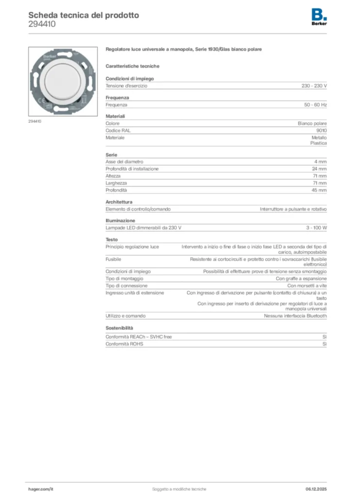 Immagine Berker Scheda tecnica del prodotto 294410 | Hager Italia